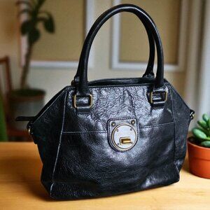 ELLIOTT LUCCA Genuine Black Leather Gold Tone Hardware Satchel Handbag
